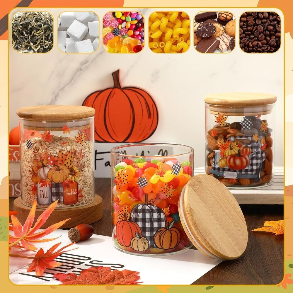 3Pcs Fall Glass Storage Jars with Airtight Bamboo Lid Pumpkin Truck Leaves Clear - Picture 2 of 6